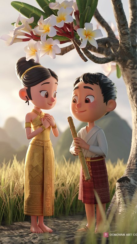 เด็กชายและเด็กหญิงในชุดไทยท่ามกลางธรรมชาติ