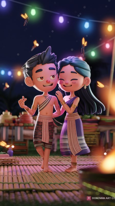 คู่รักในงานเทศกาลไทยที่มีแสงไฟระยิบระยับ