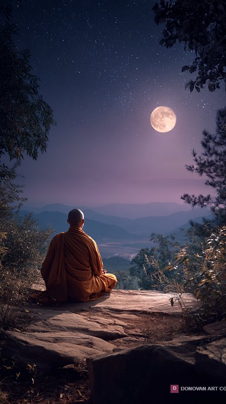 Serene Buddhist Monk Meditating Under Full Moon