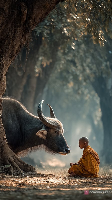 Serene Encounter: Monk and Sacred Buffalo