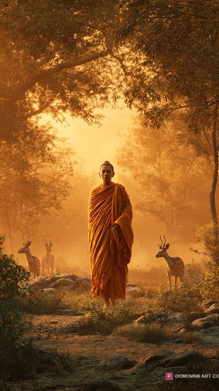 Serene Buddha Walking in Golden Deer Park