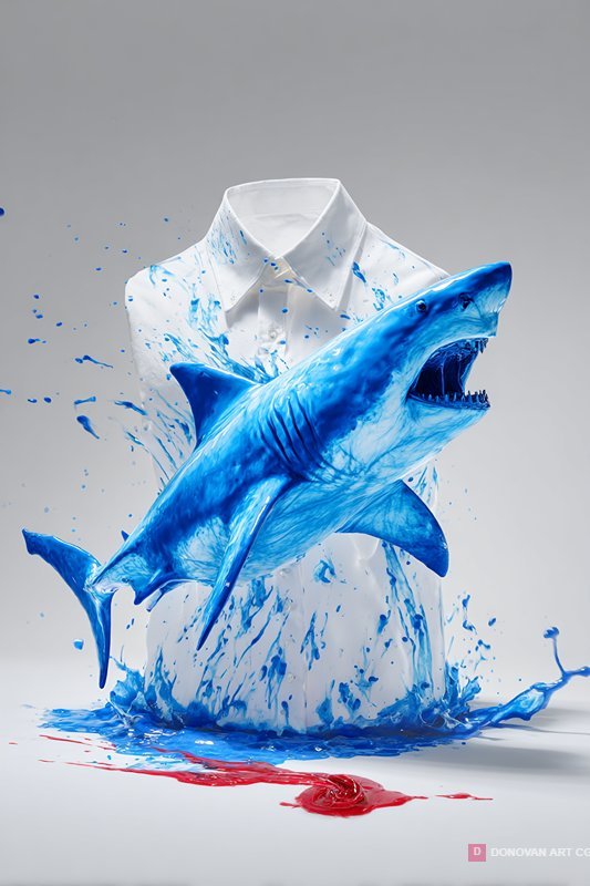 Surreal Blue Liquid Shark Bursting from White Shirt