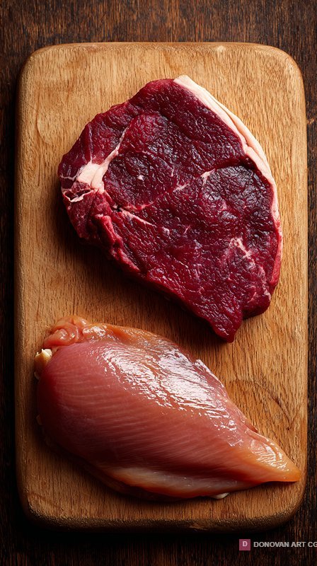 Raw Beef Steak and Chicken Breast on Wooden Board