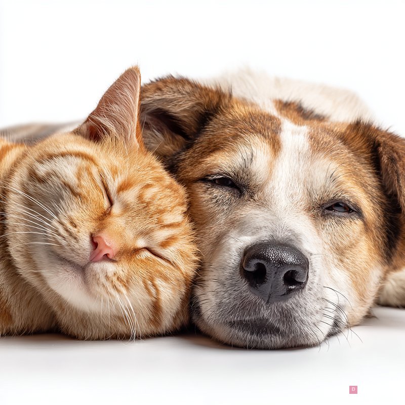 Heartwarming Close-up of Cuddling Cat and Dog