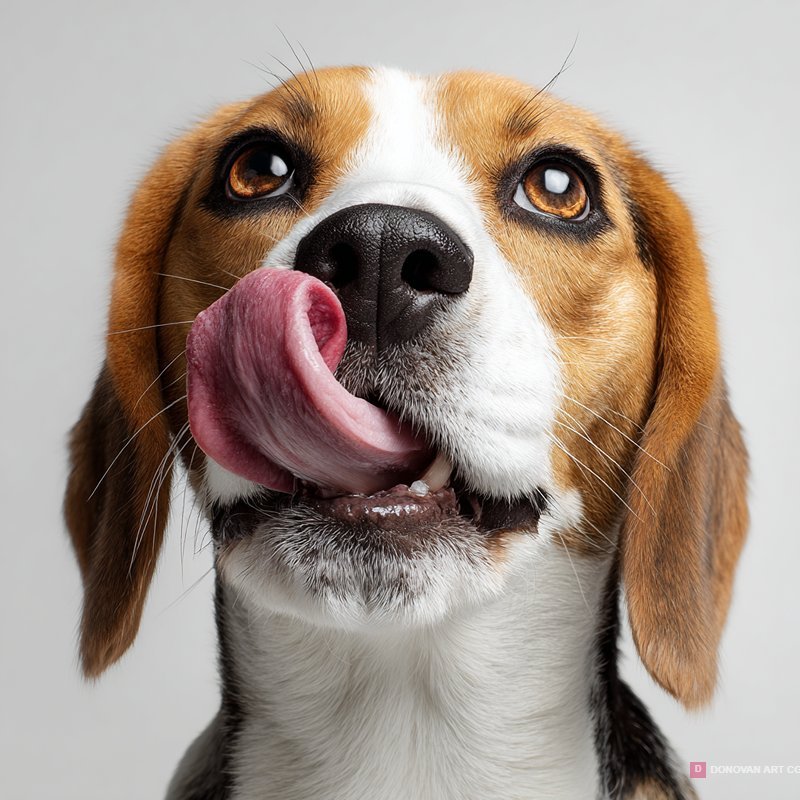 Playful Beagle Portrait Licking Nose Studio Shot