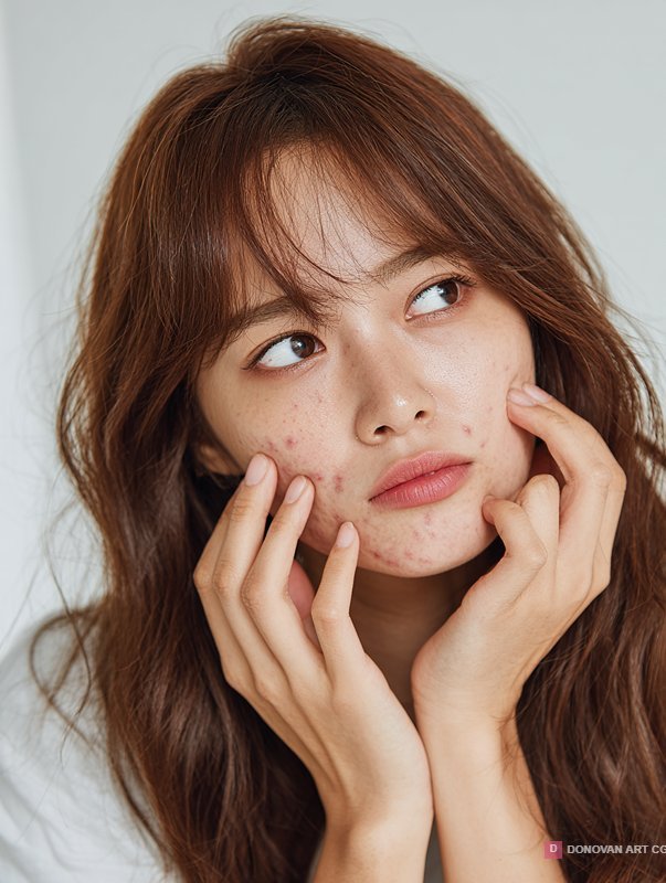 Young Korean Woman Struggling with Acne Skin Problems