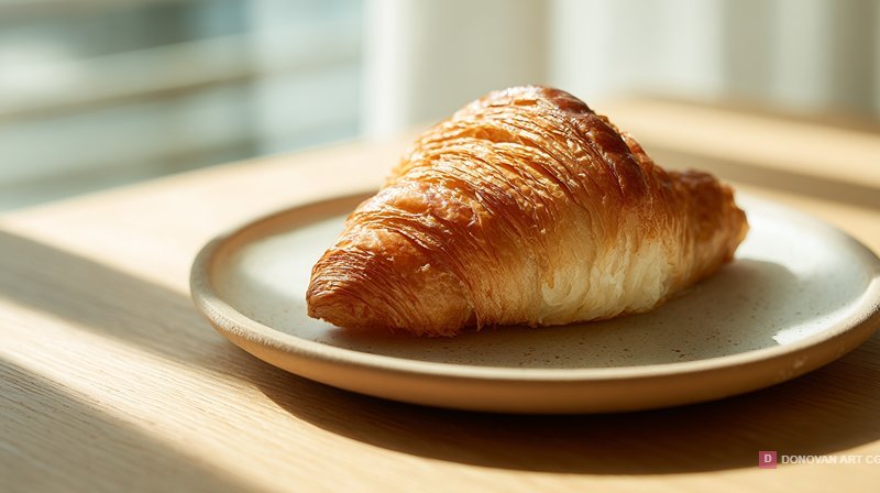 Golden Crispy Croissant in Morning Sunlight