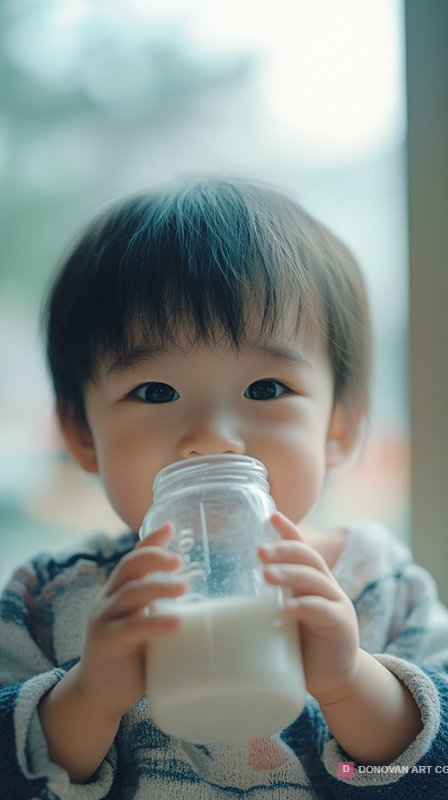 Cute Asian Toddler Drinking Milk from Glass Bottle