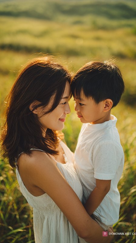 Affectionate Asian Mother and Son in Golden Hour Field