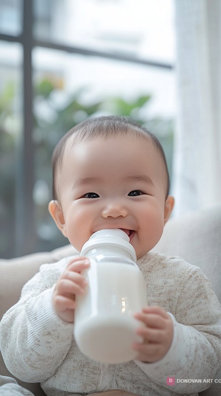 Joyful Asian Baby Smiling with Milk Bottle