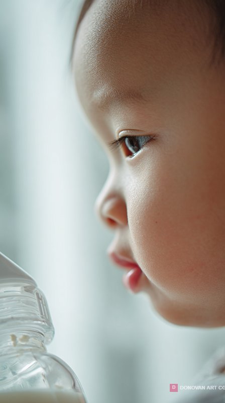 Macro Profile of Asian Baby with Milk Bottle