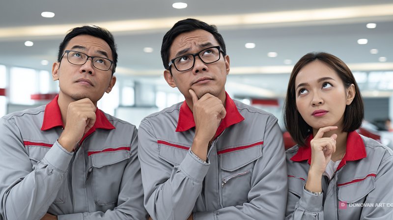 Pensive Asian Industrial Engineers Thinking Together