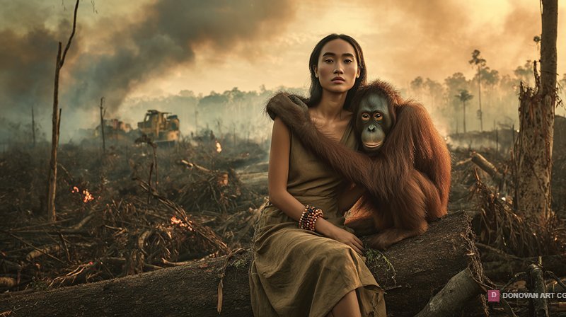 Deforestation Crisis Woman with Orangutan Protector