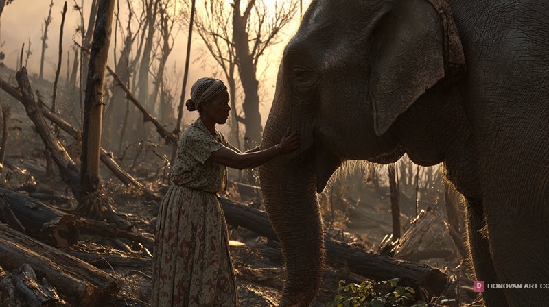 Heartbroken Elder Woman and Wild Elephant in Deforested Land