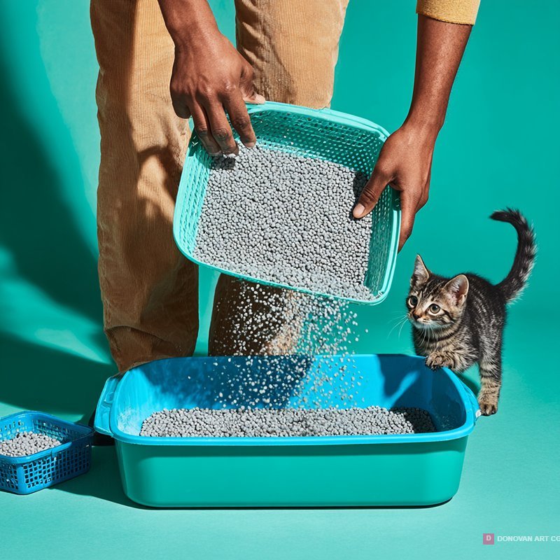 Cute Tabby Kitten and Cat Litter Sifting