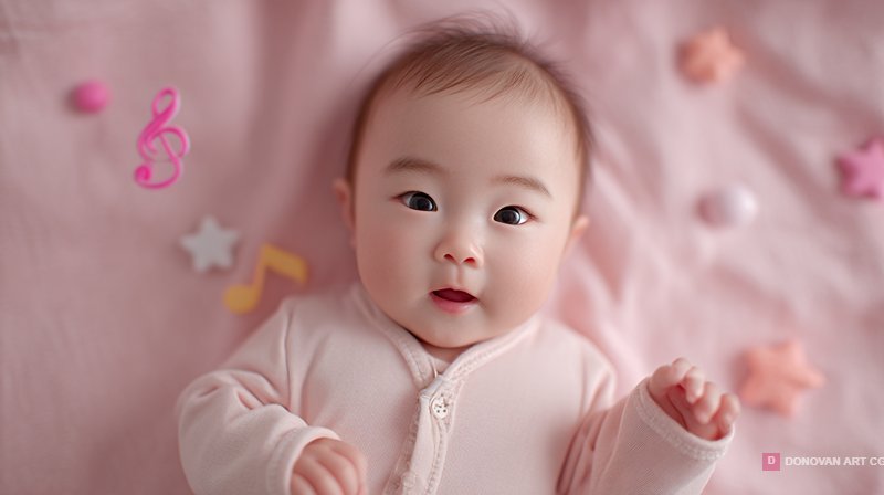 Adorable Innocent Korean Baby Girl on Pink Blanket