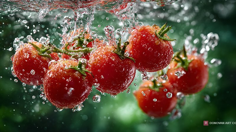Fresh Cherry Tomatoes Splashing in Water with Green Background
