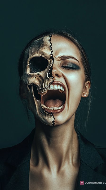 Surreal Screaming Woman Half Skull Face