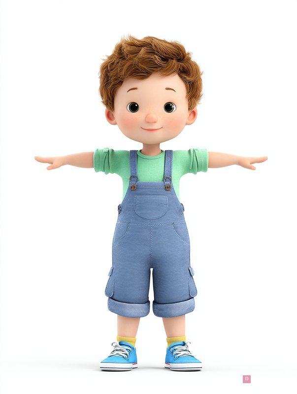 Cute 3D Curly Hair Boy Character T-Pose