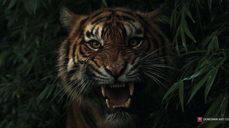 Fierce Snarling Tiger in Dark Jungle