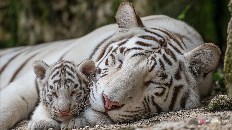 Gentle Sleeping White Tiger with Adorable Cub