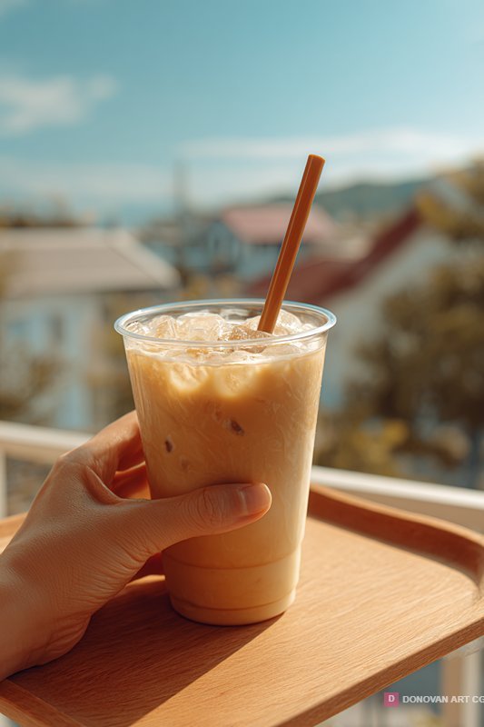 กาแฟเย็นในแก้วใสพร้อมหลอด