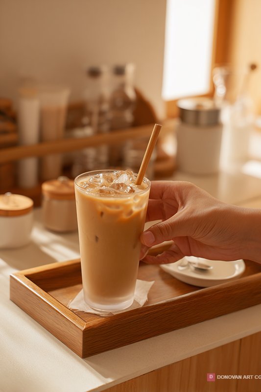 กาแฟเย็นในแก้วใสพร้อมน้ำแข็ง