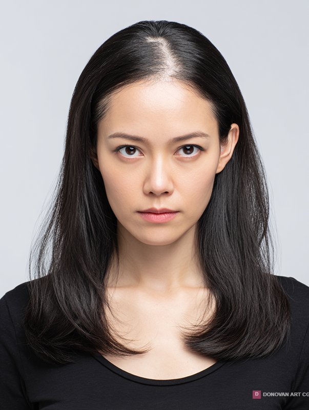 หญิงสาวผมยาวเรียบตรงในชุดดำ
