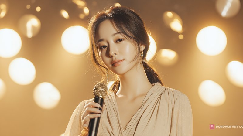 นักร้องสาวสวยในแสงไฟส่องสว่าง
