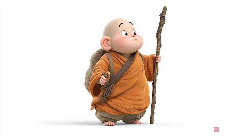 เด็กน้อยพระสงฆ์น่ารักถือไม้เท้า