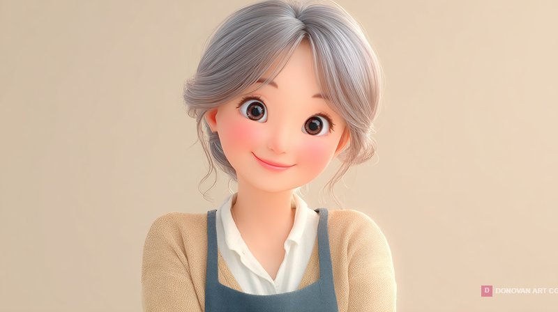 หญิงสาวผมสีเทาในชุดทำอาหาร