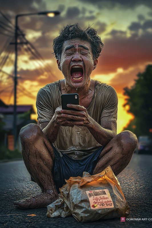 ชายร้องไห้กลางถนนกับโทรศัพท์มือถือ