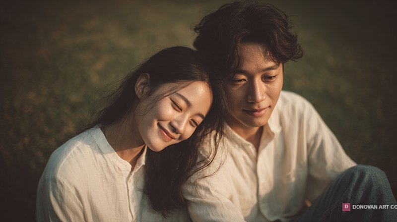 คู่รักนั่งอยู่ในธรรมชาติ