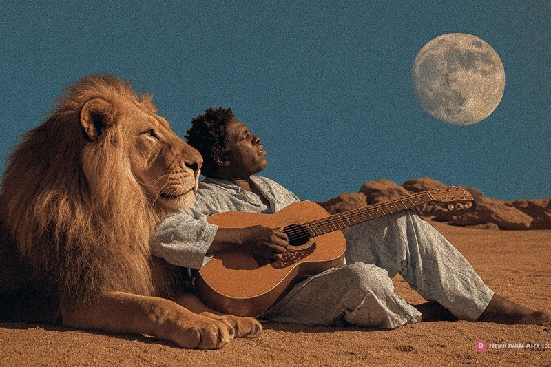 ชายร้องเพลงกับสิงโตใต้แสงจันทร์