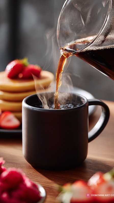 กาแฟร้อนกับแพนเค้กและผลไม้สด