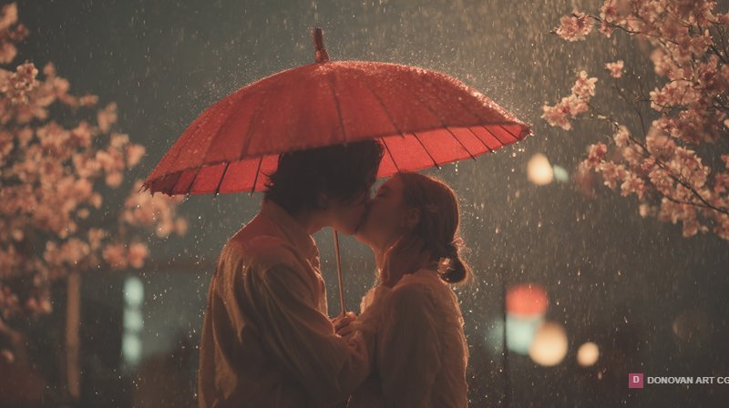 คู่รักใต้ฝนกับร่มแดงในคืนโรแมนติก