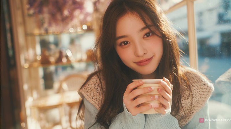 สาวสวยถือแก้วกาแฟในคาเฟ่