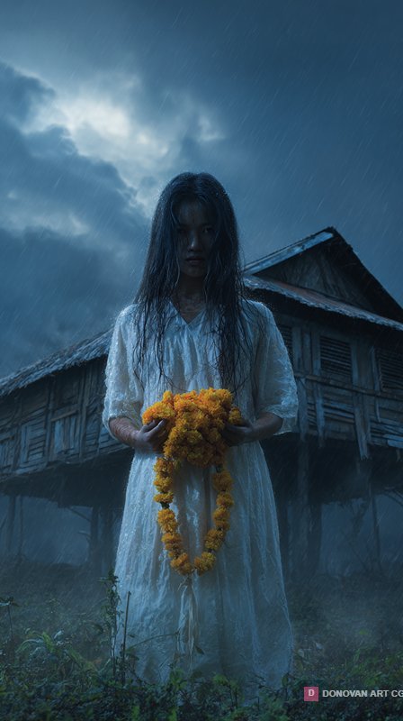 หญิงสาวในชุดขาวท่ามกลางฝนตก