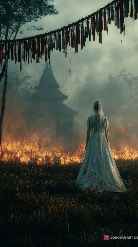 หญิงสาวในชุดเจ้าสาวท่ามกลางไฟไหม้