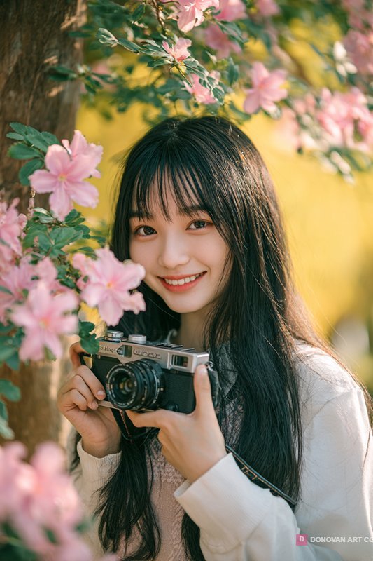 สาวถ่ายภาพในสวนดอกไม้สวยงาม