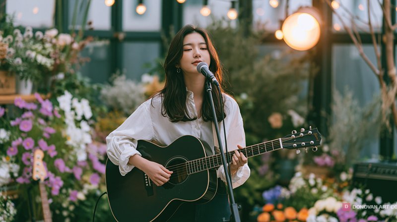 สาวร้องเพลงในสวนดอกไม้สวยงาม