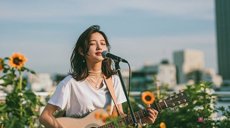 สาวร้องเพลงพร้อมกีตาร์ท่ามกลางดอกทานตะวัน