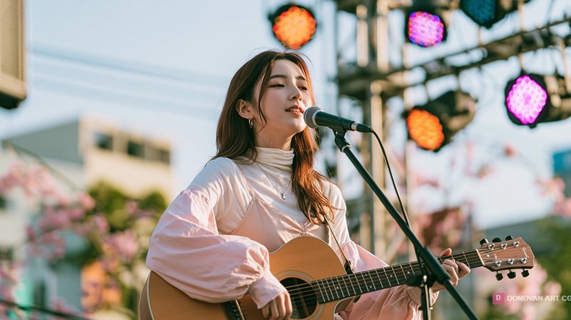สาวร้องเพลงพร้อมกีตาร์ในงานเทศกาล
