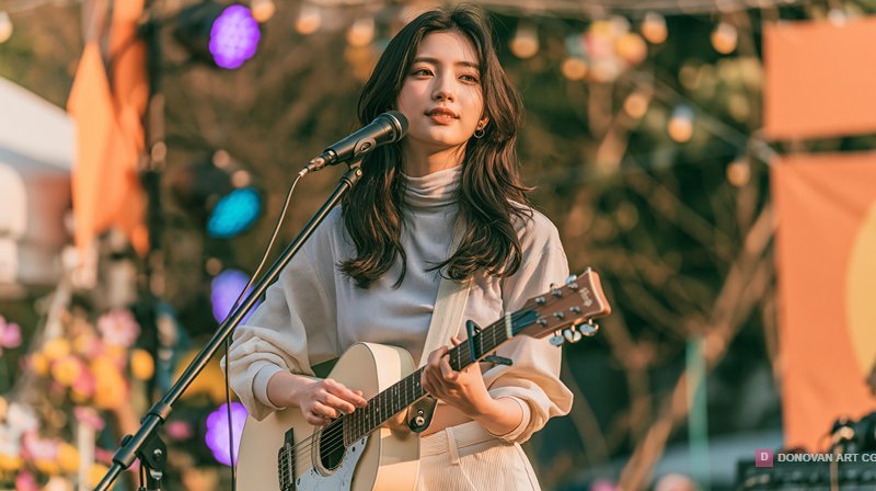 สาวสวยเล่นกีตาร์ในงานเทศกาล