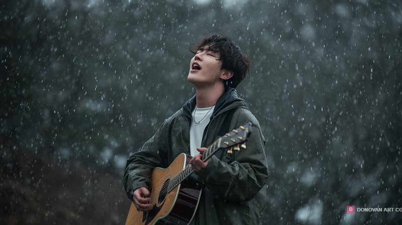 ชายหนุ่มร้องเพลงกลางสายฝน