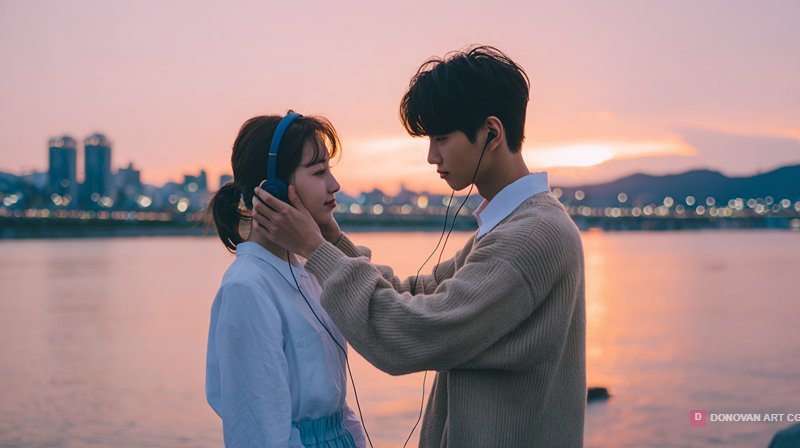 คู่รักฟังเพลงริมแม่น้ำในยามเย็น