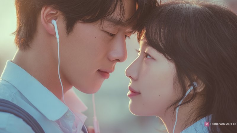 คู่รักฟังเพลงใกล้ชิดในแสงแดด