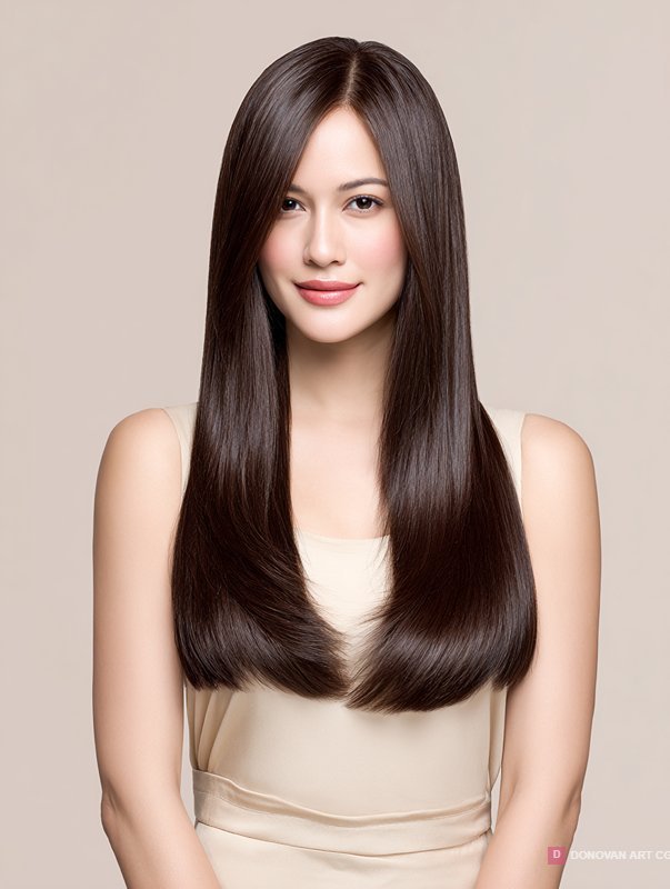 ทรงผมยาวสลวยสีน้ำตาลเข้ม