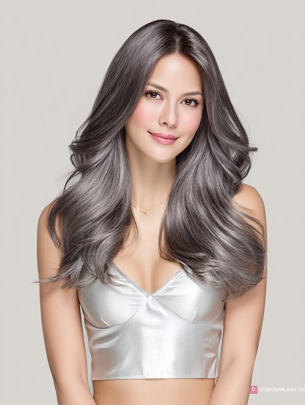 ผู้หญิงผมยาวสีเทาเงางาม