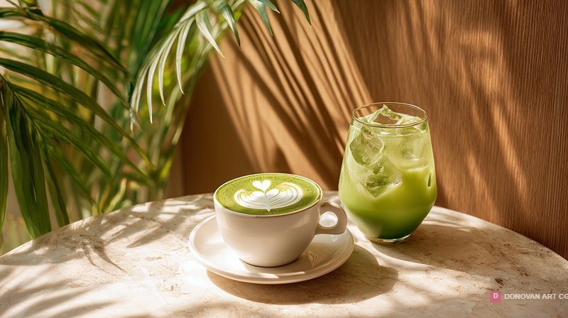 เครื่องดื่มชาเขียวและกาแฟลาเต้สวยงาม
